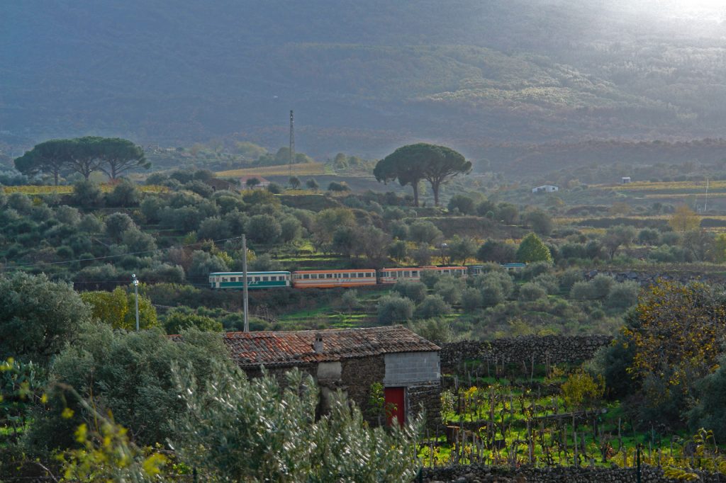 Train running around Mt Etna