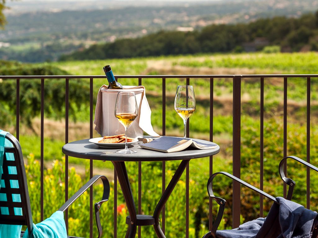 table overlooking a vineyard and two glasses of wine